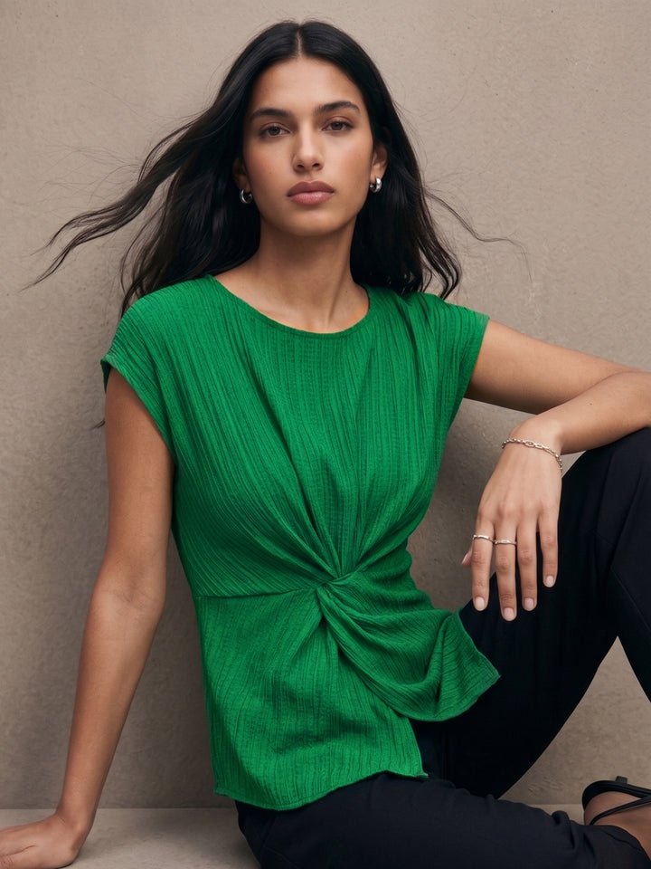 Green Short Sleeve Front Twisted Top