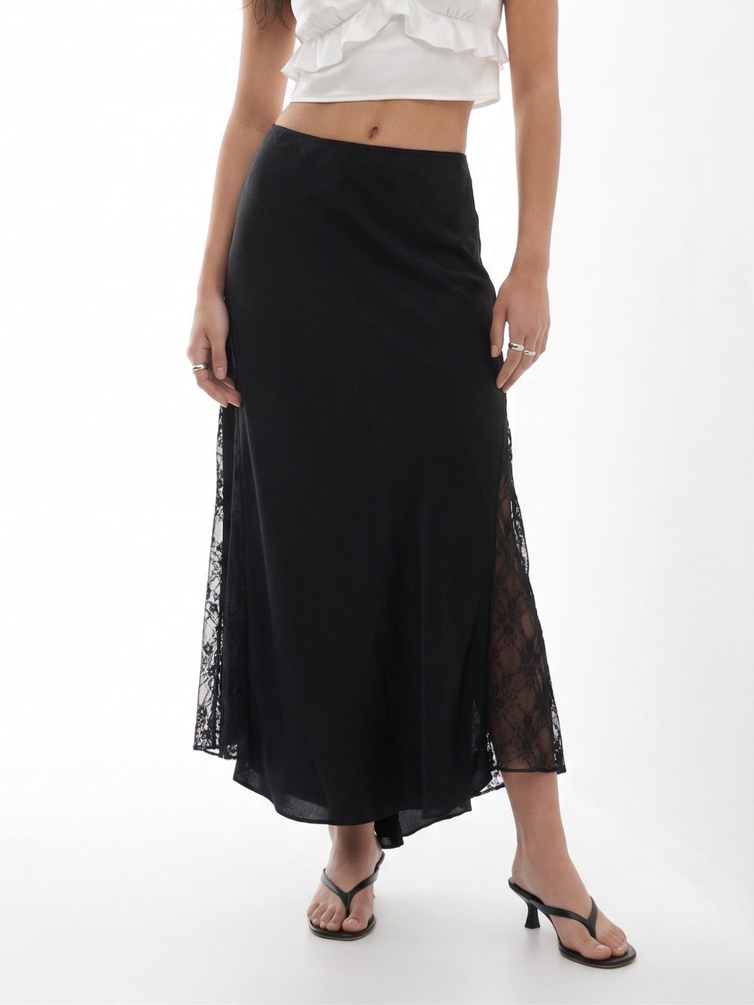 Black Lace Detail Flared Skirt