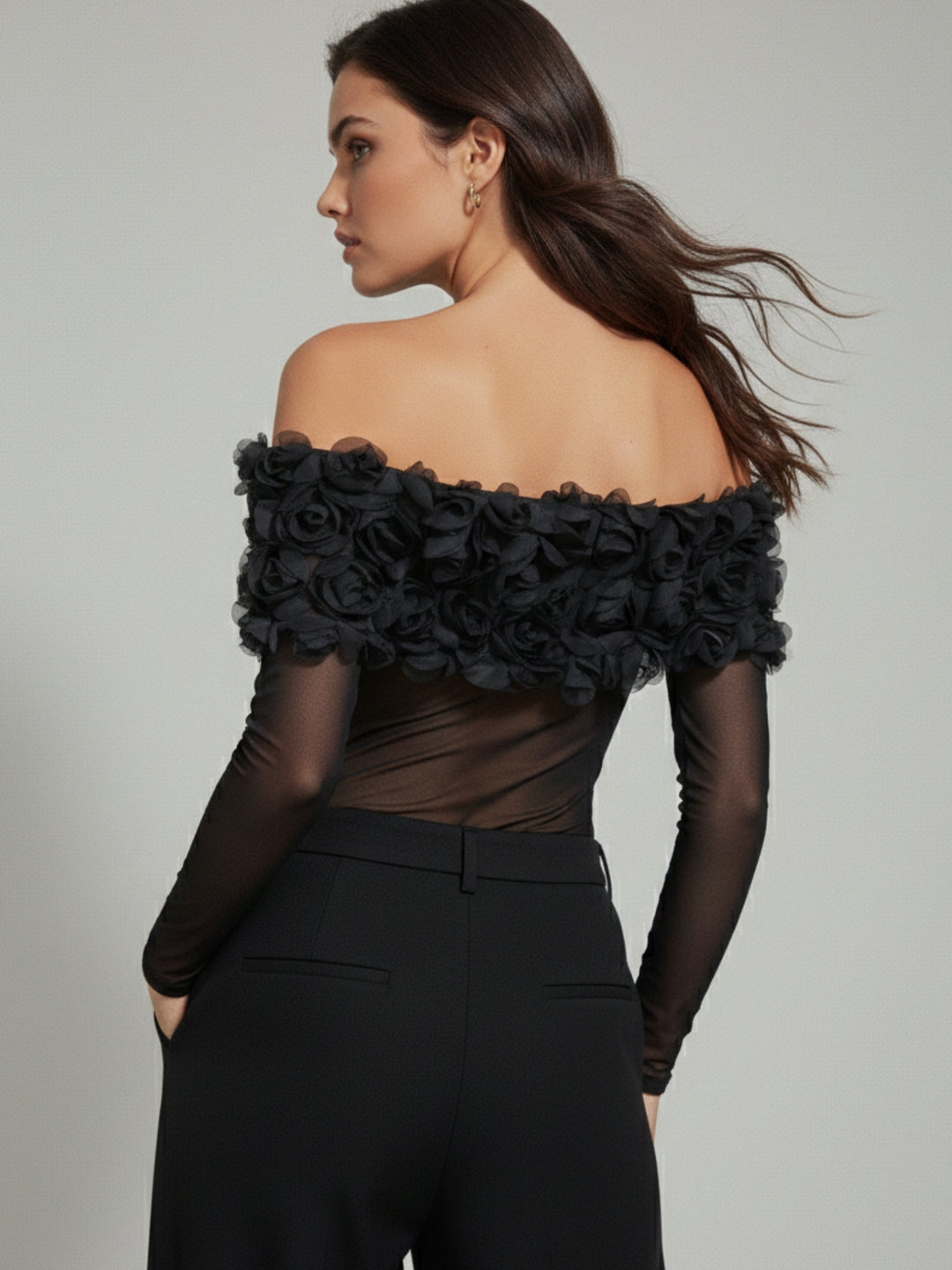 Black Off Shoulder 3D Floral Mesh Top