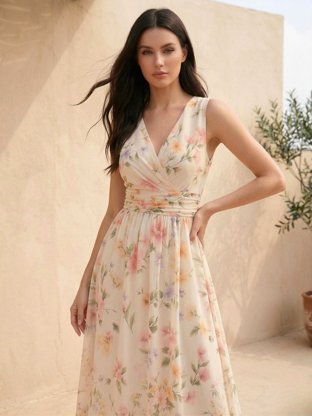 Off White Sleeveless Printed Dress