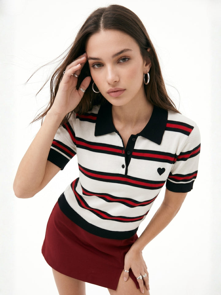Multi Striped Collared Polo Top With Small Heart Graphic
