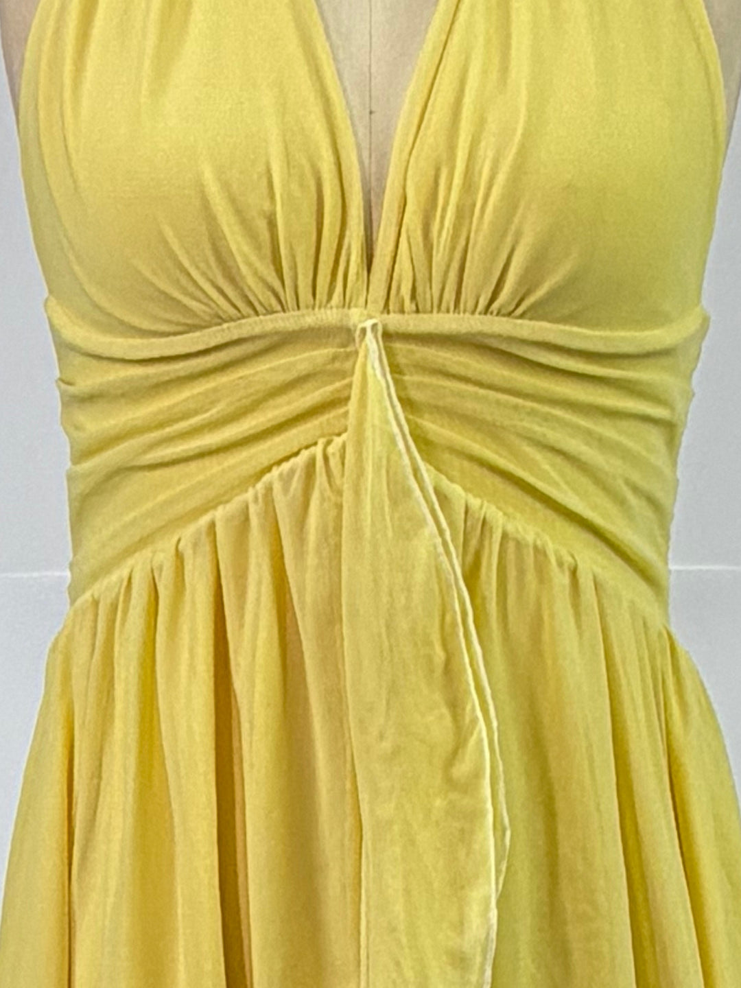 Yellow Halter Neck Cinched Waist Dress With Ruffle Hangings