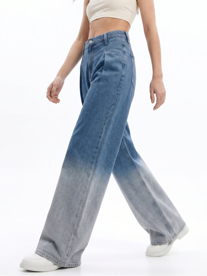 Light Blue High-Rise Light Blue Pleated Wide Leg Jeans