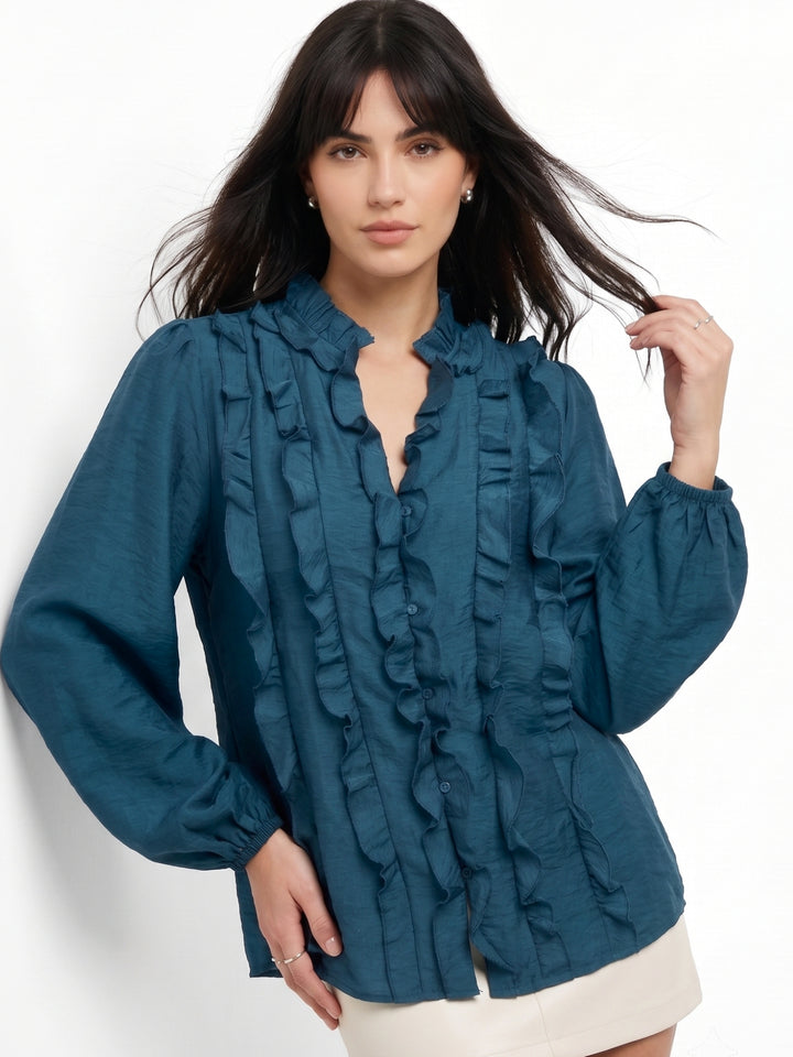Teal Soft Ruffle Front Button Down Shirt