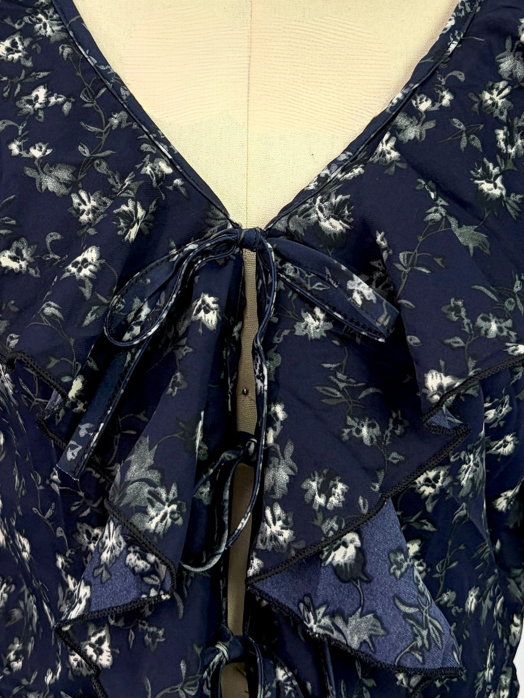 Navy Blue Printed Ruffled Neck Blouse