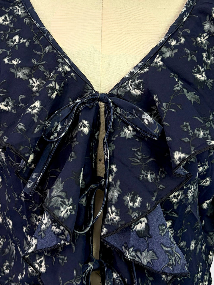 Navy Blue Printed Ruffled Neck Blouse