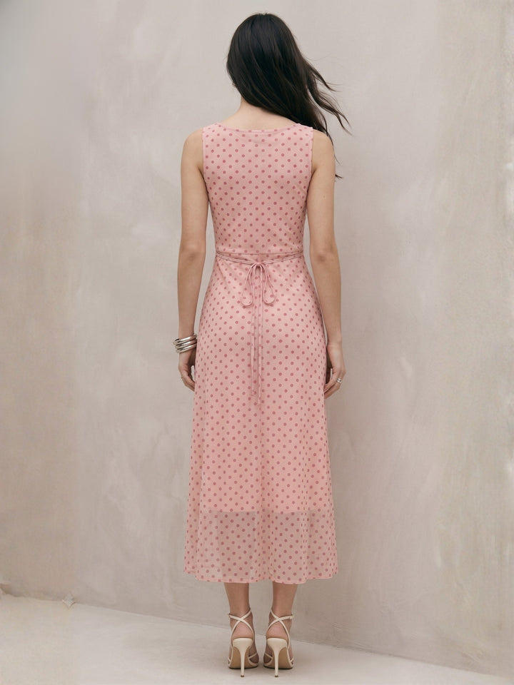 Pink Front Twisted Mesh Polka Printed Dress