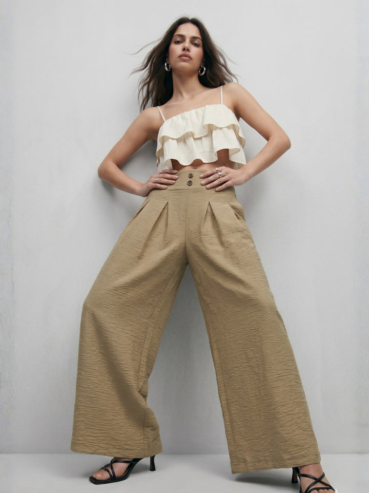 Beige Double Pleated Wide Leg Pant