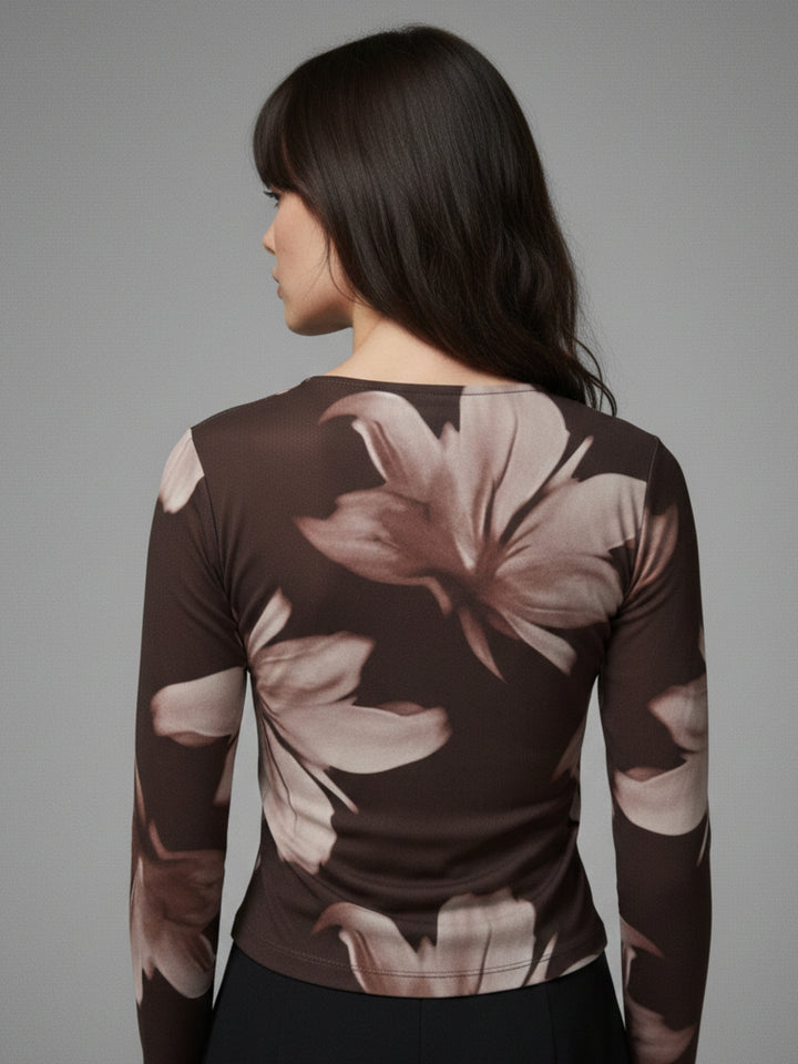 Brown Printed Mesh Top With Metal Trims