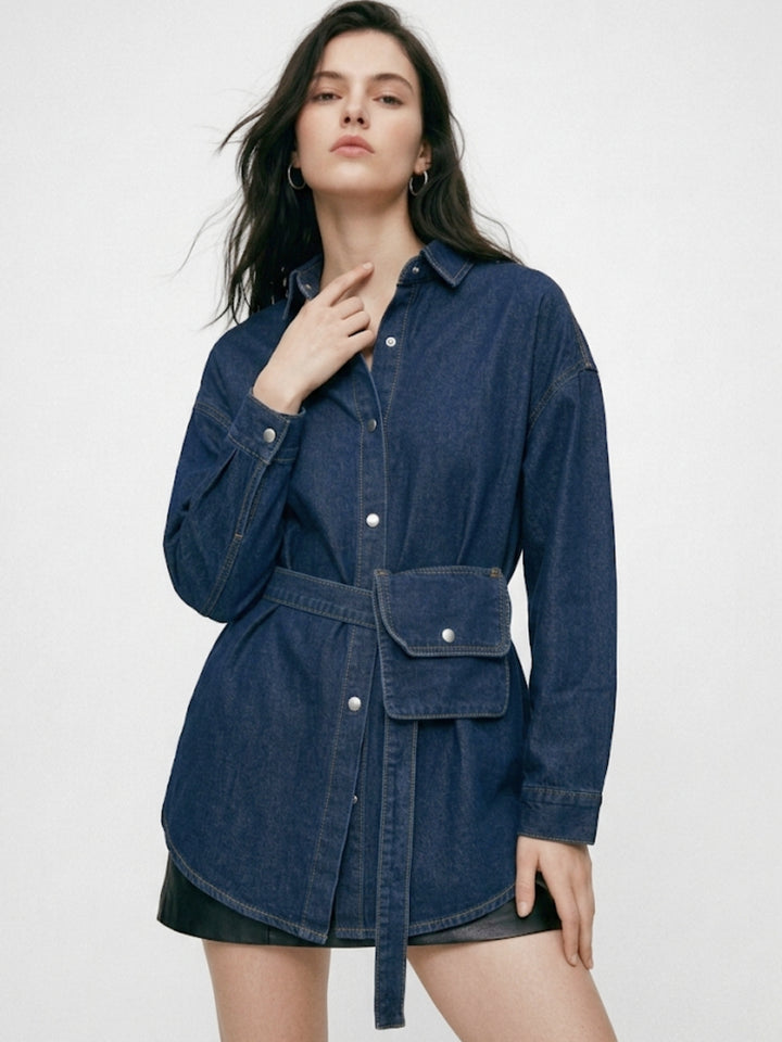 Navy Blue Oversized Shirt With Belt Pocket