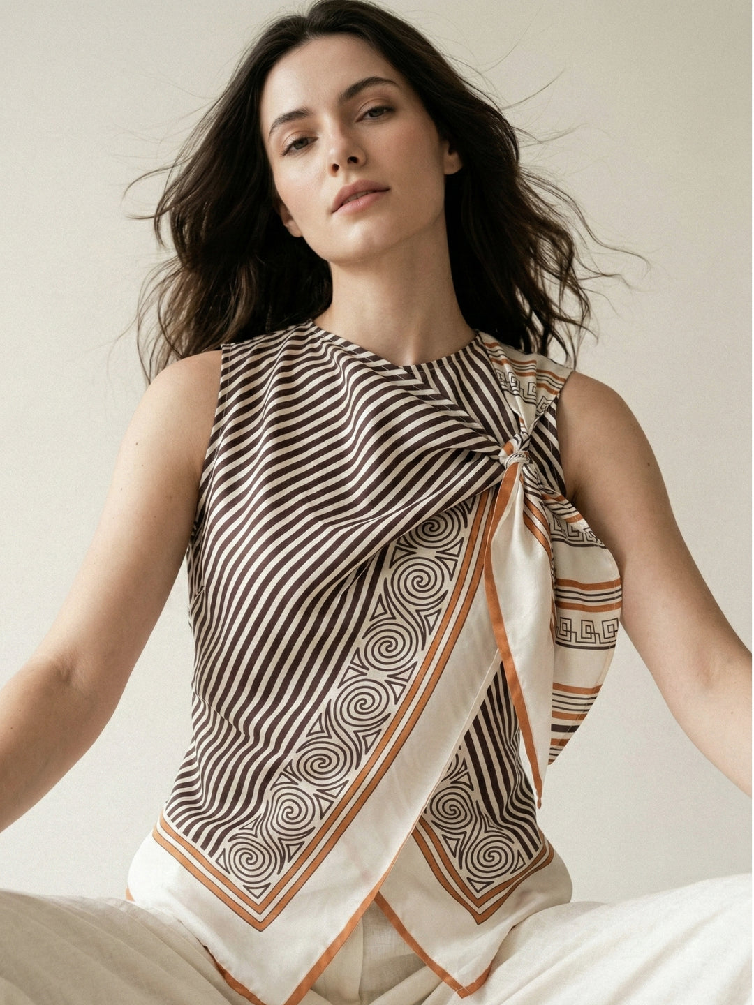 Multi Striped Scarf-Print Sleeveless Top With A Front Tie Detail