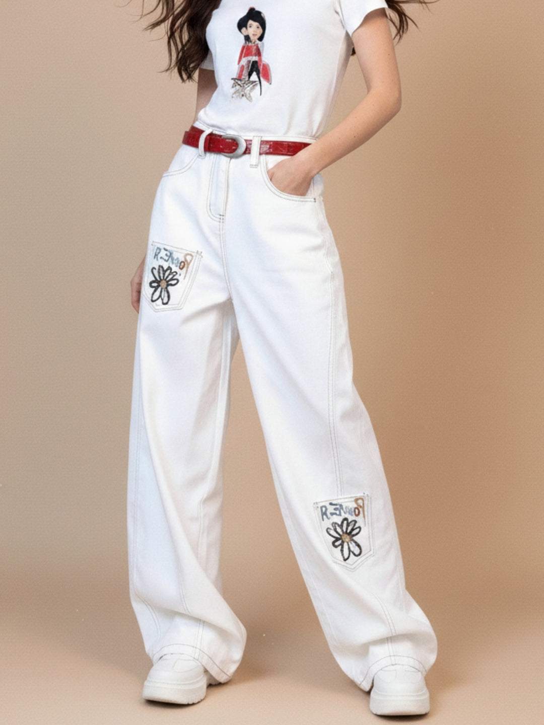 White High Waist Printed Jeans
