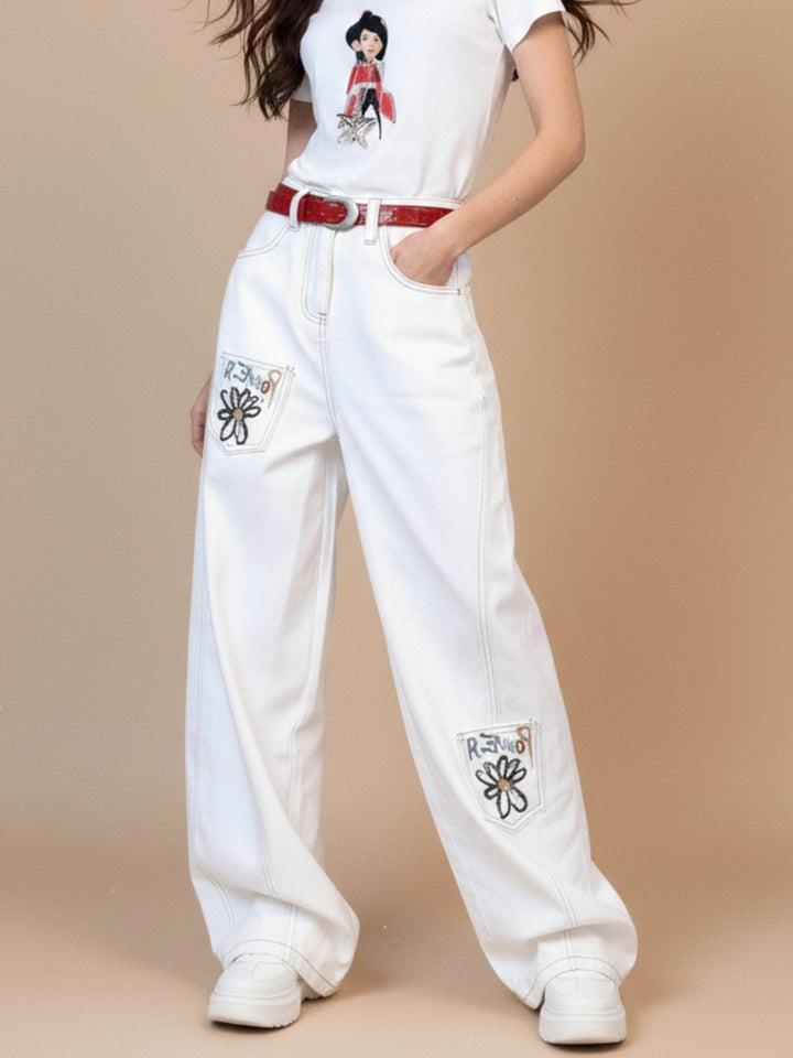 White High Waist Printed Jeans