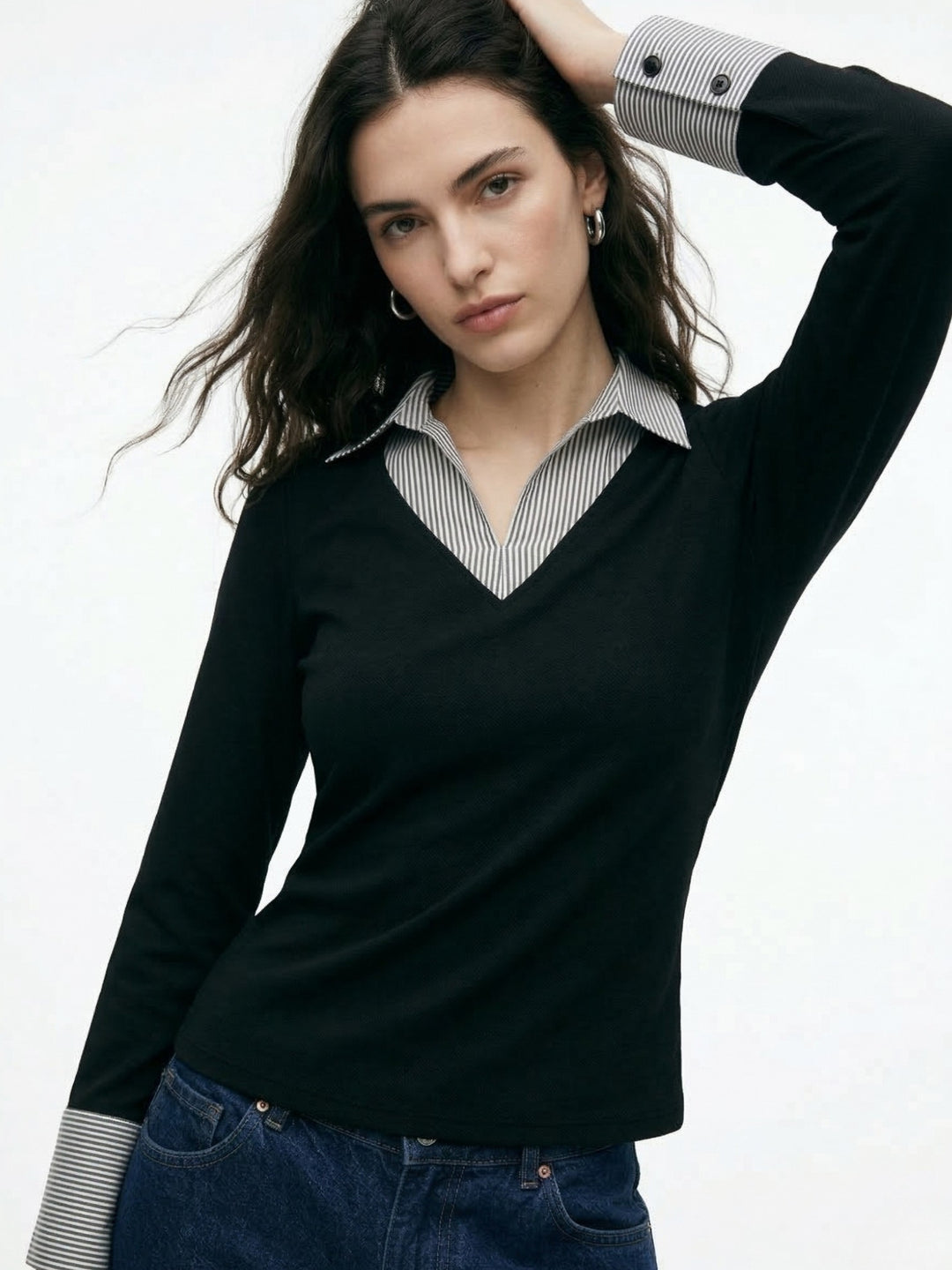 Black Full Sleeve Contrast Collar Fitted Top
