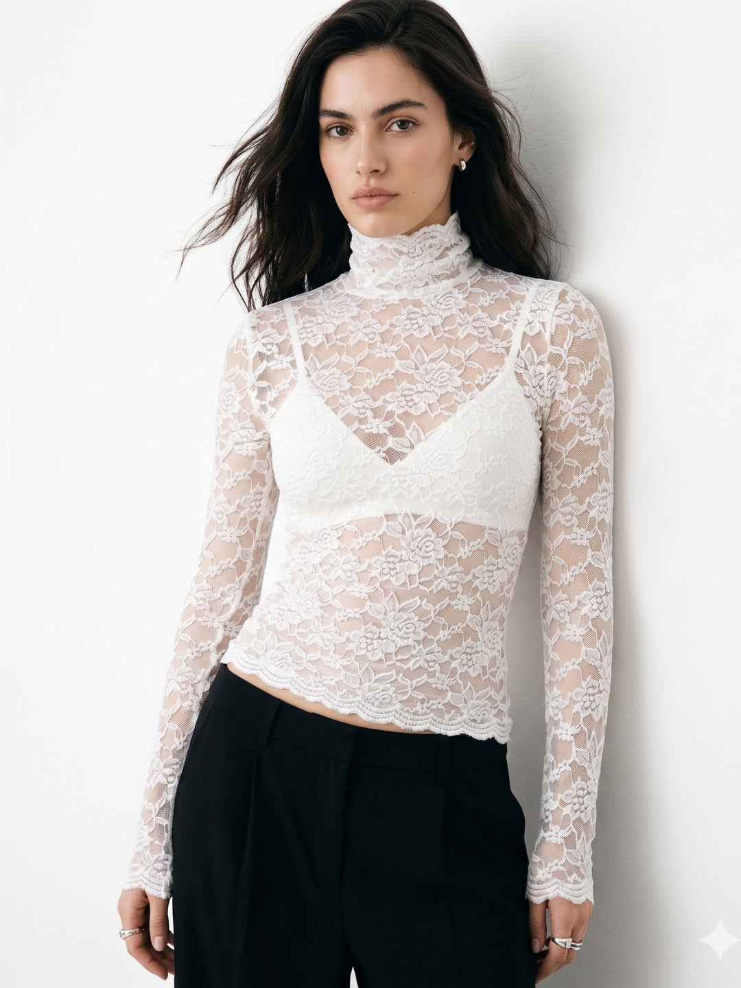 White Mock Neck Full Sleeve Lace Top