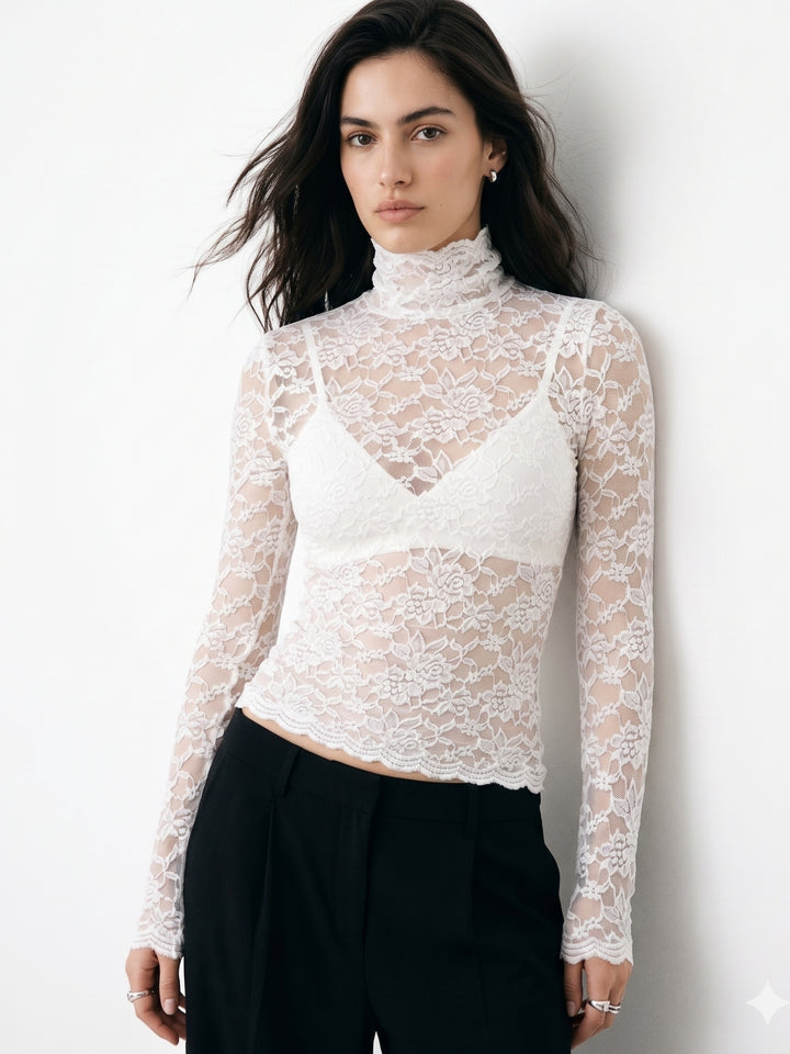 White Mock Neck Full Sleeve Lace Top