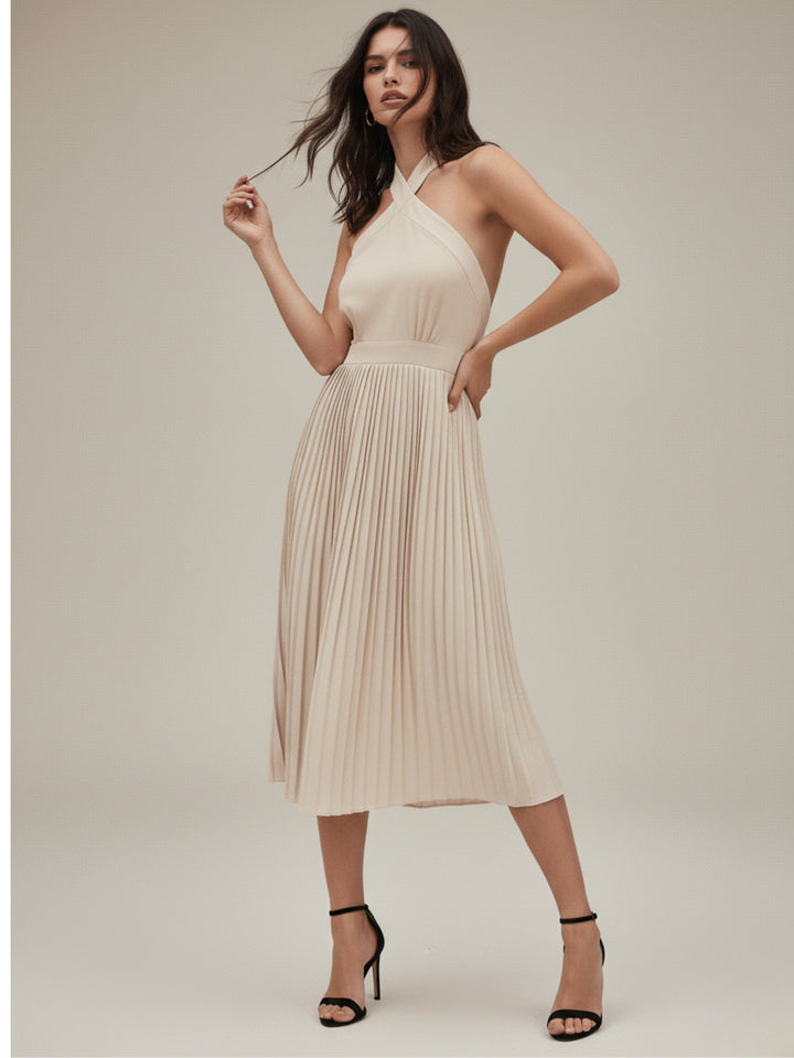 Cream Cross Halter Flared Dress
