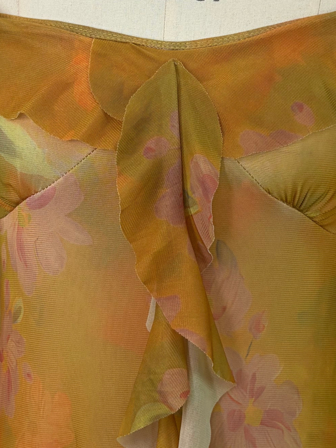 Mustard Plunge Neck Printed Ruffled Dress