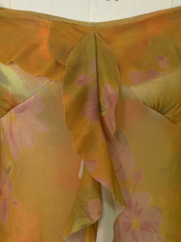 Mustard Plunge Neck Printed Ruffled Dress