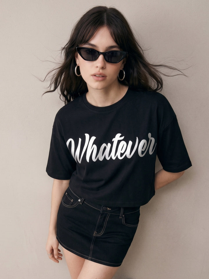 Black Cropped Boxy T-Shirt With Hd Foil Printed Graphic
