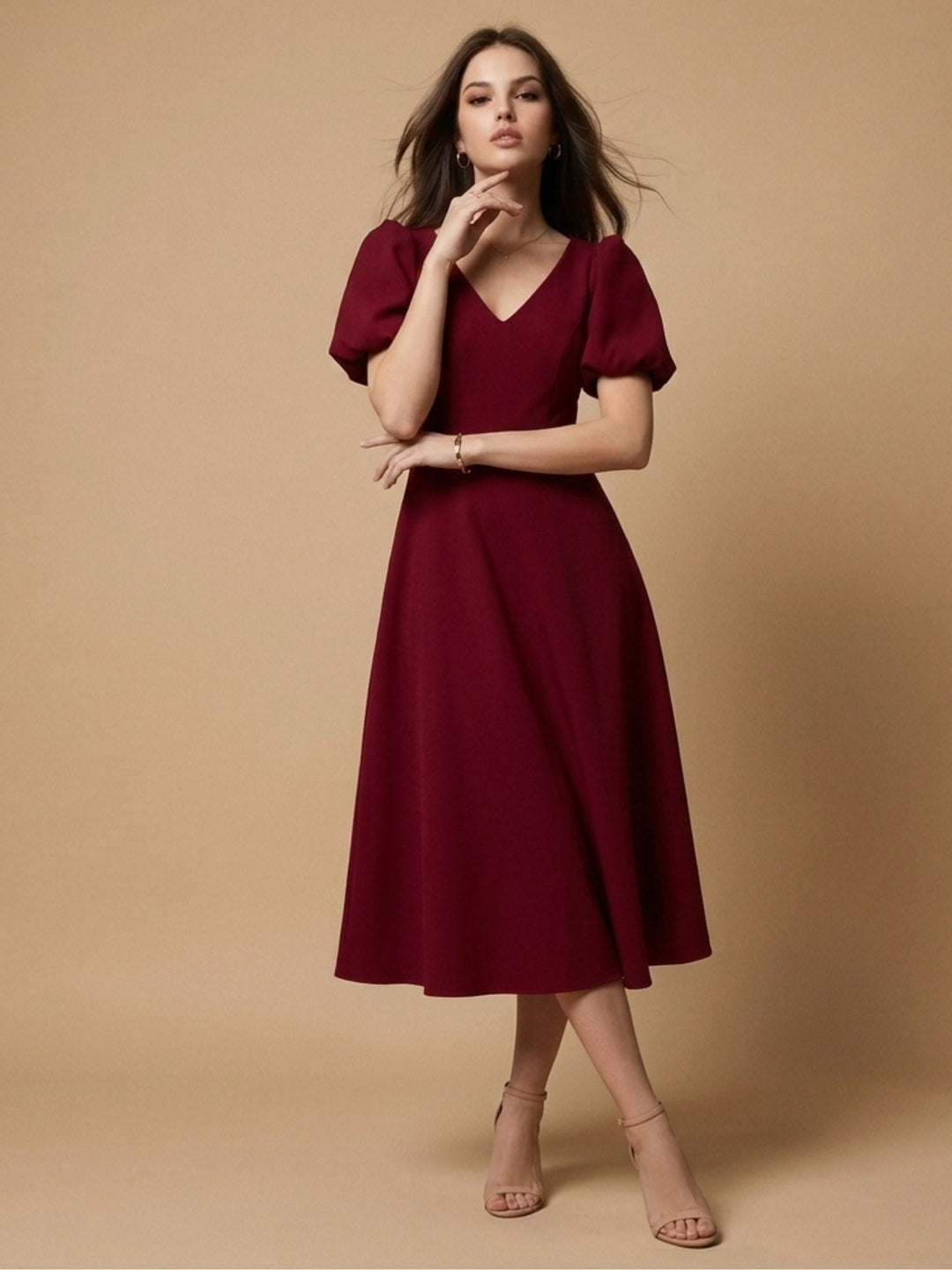 Red V Neck Flared Sleeve Dress
