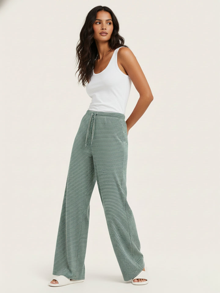Light Blue Striped Drawstring Wide Leg Trousers