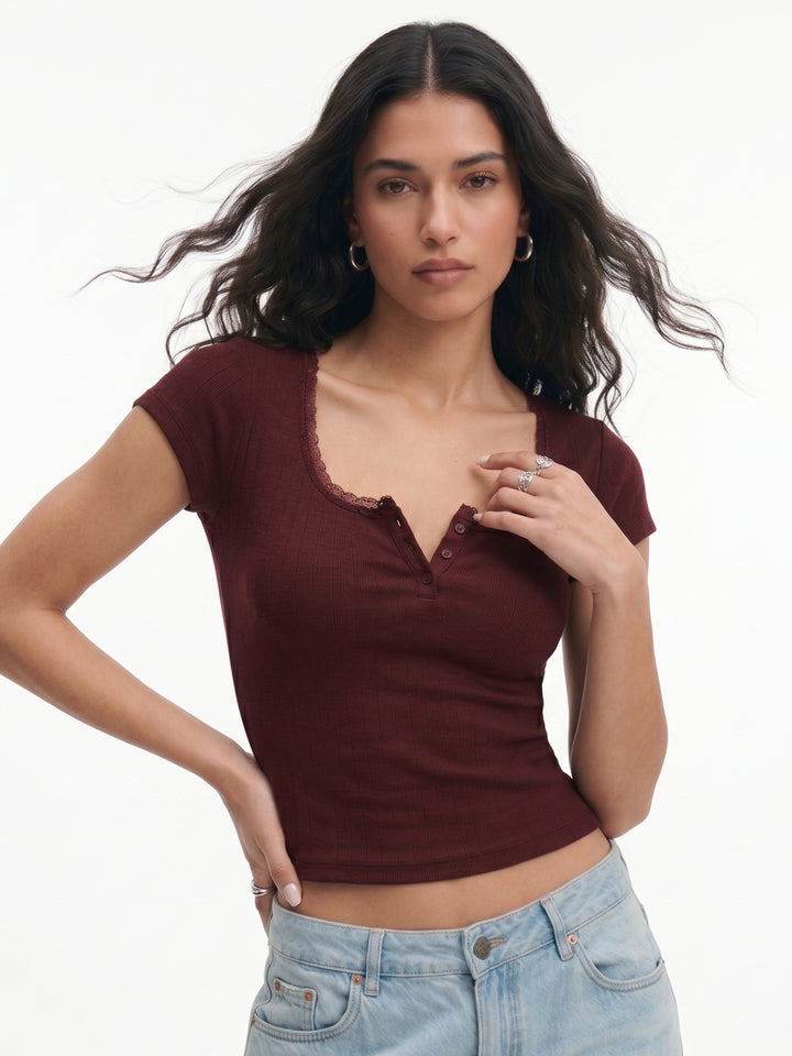 Red Half Sleeved Scoop Neck Top