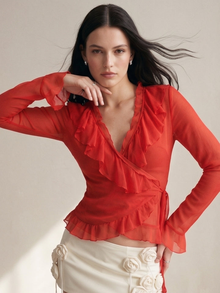 Red Ruffle Detail Full Sleeve Top