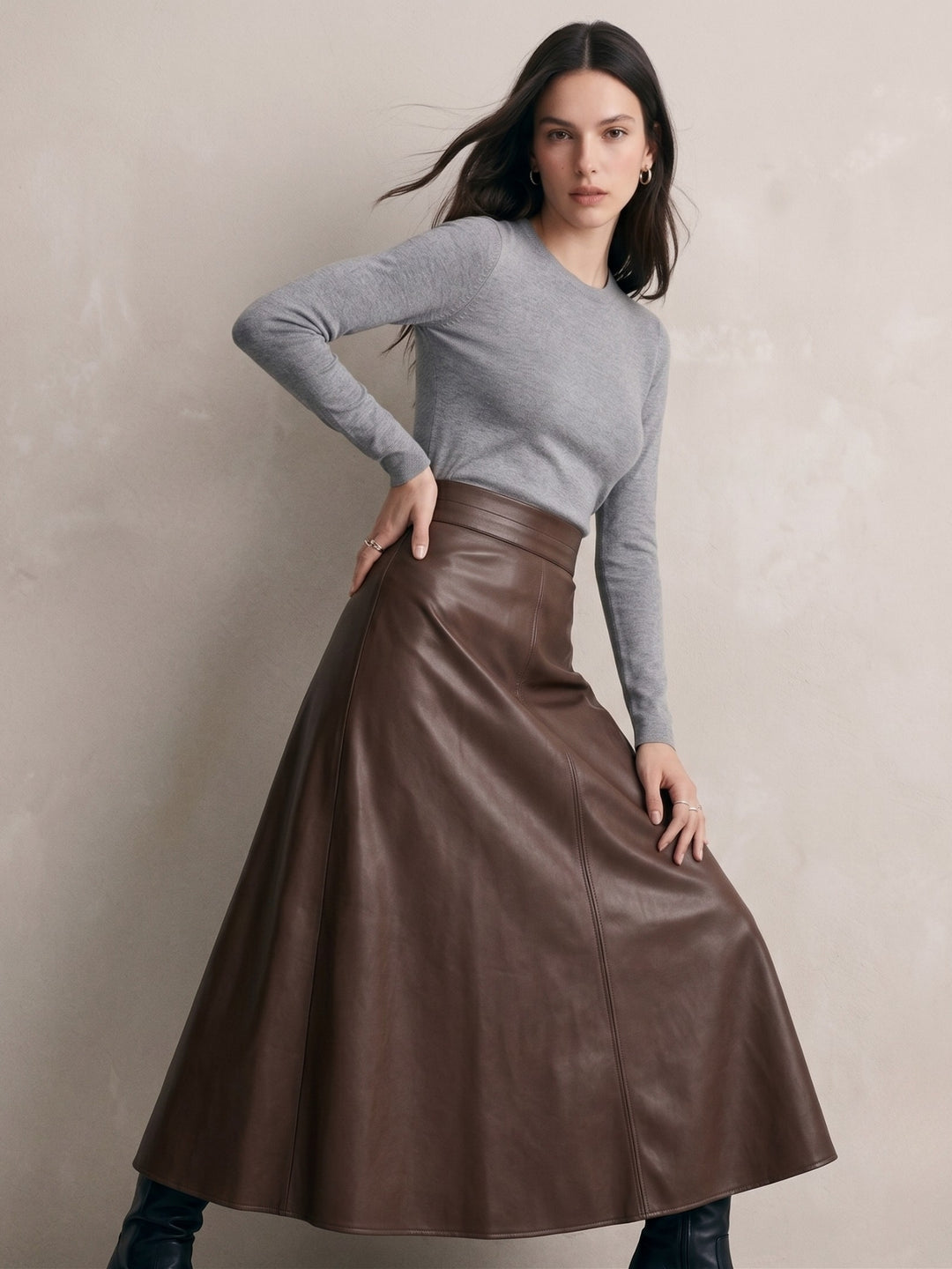 Brown High Waist A-Line Skirt