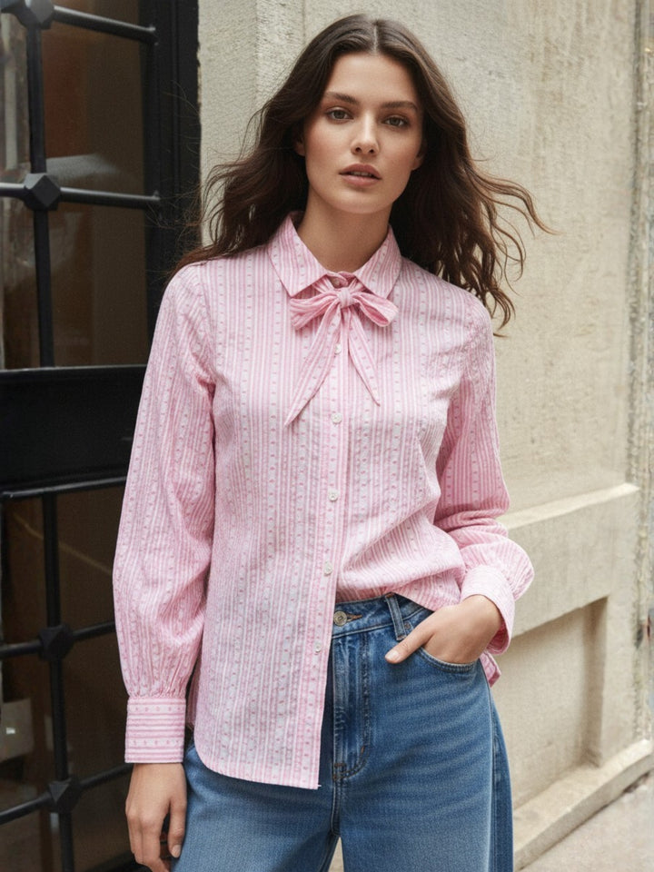 Pink Heart Dobby Tie Neck Shirt