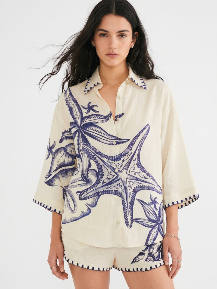 Cream Printed Contrast Hem Shirt And Shorts Set