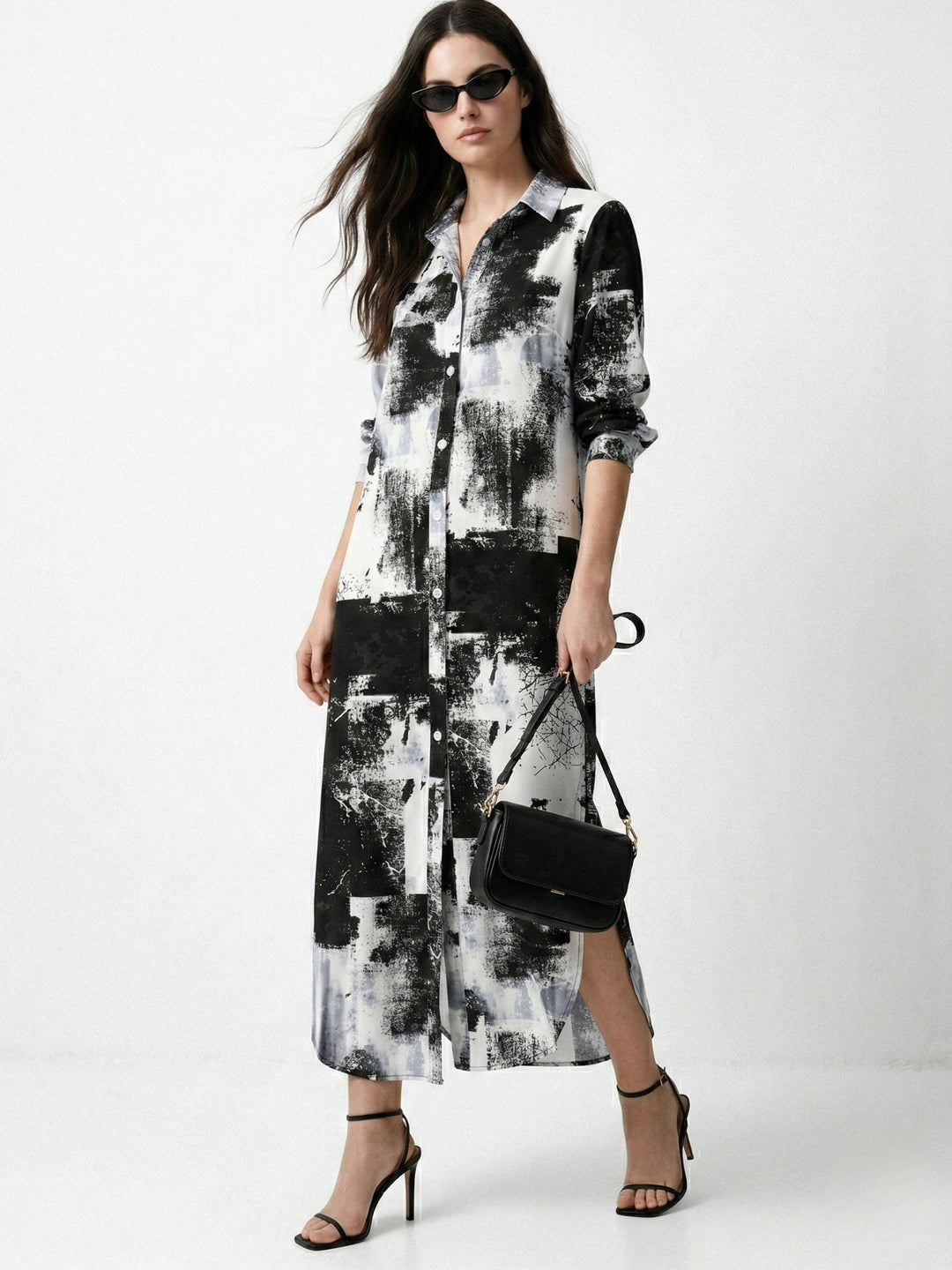 Black Typographic Button Down Shirt Dress