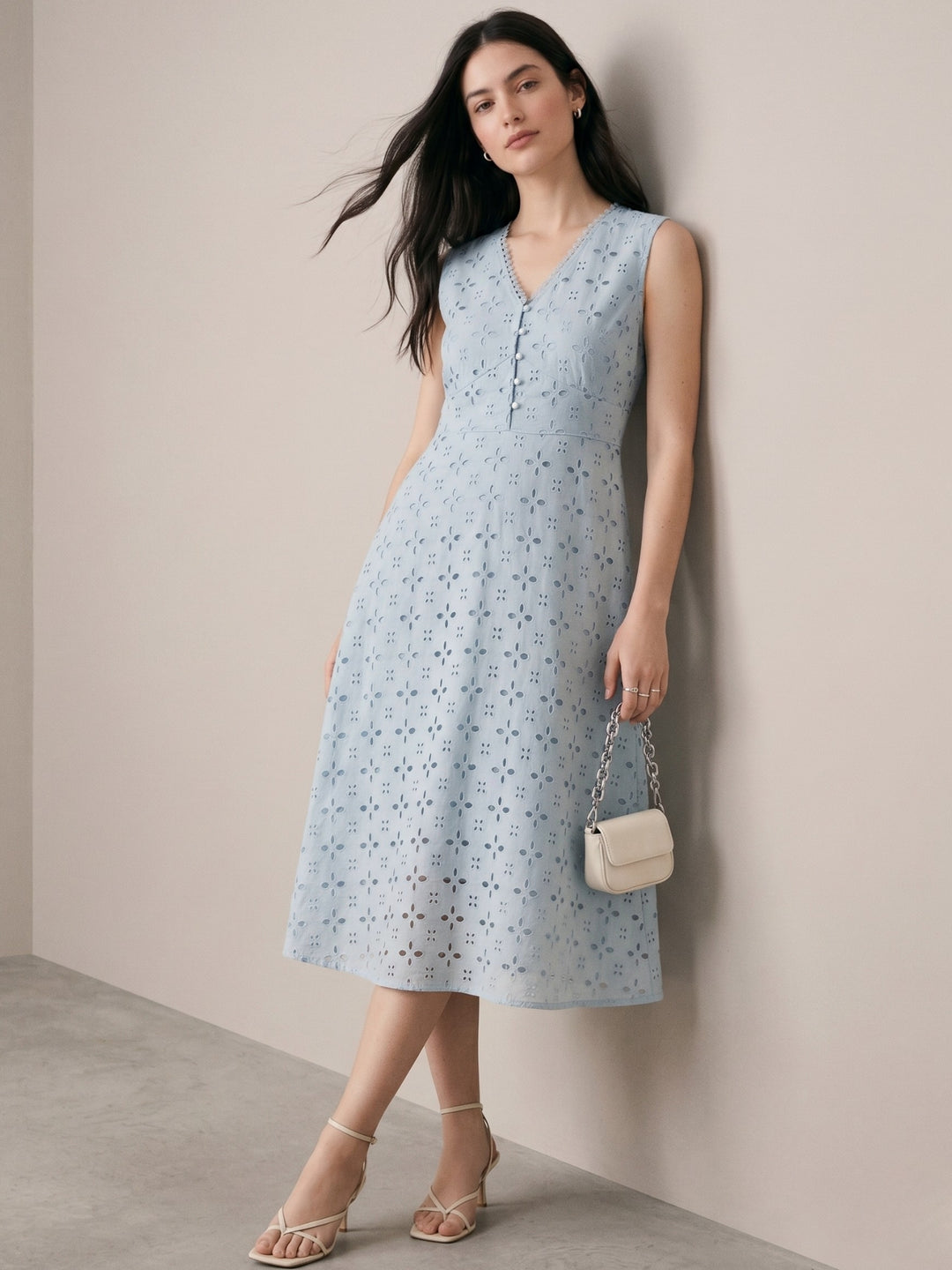 Blue Schiffli Embroidered Midi Dress With Lace Detail
