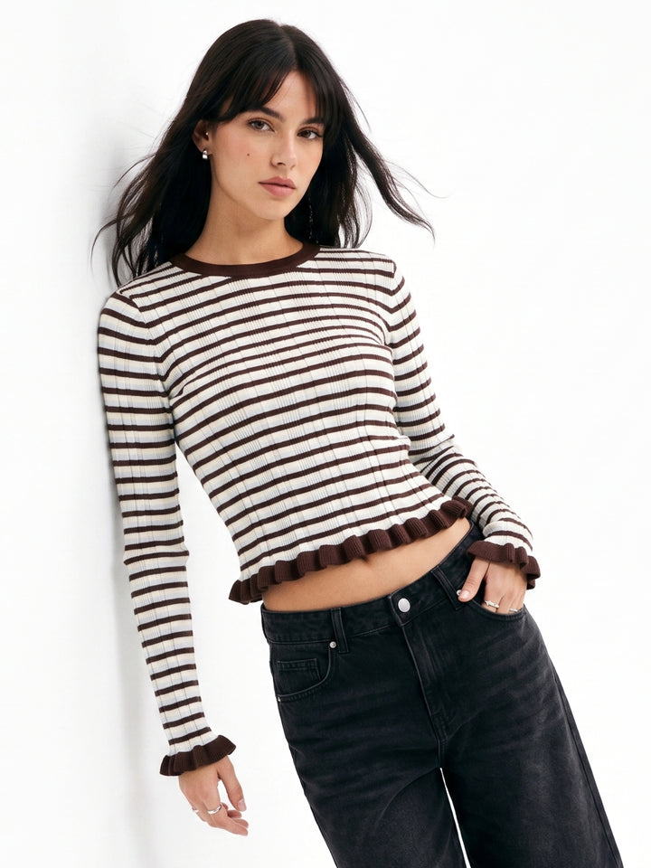 Multi Crew Neck Striped Textured Top
