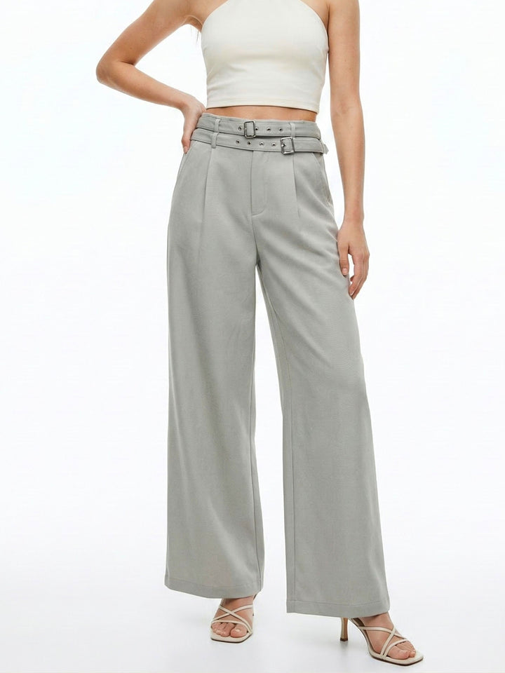 Grey Wide-Leg High-Waist Trousers With Dual Belt Details