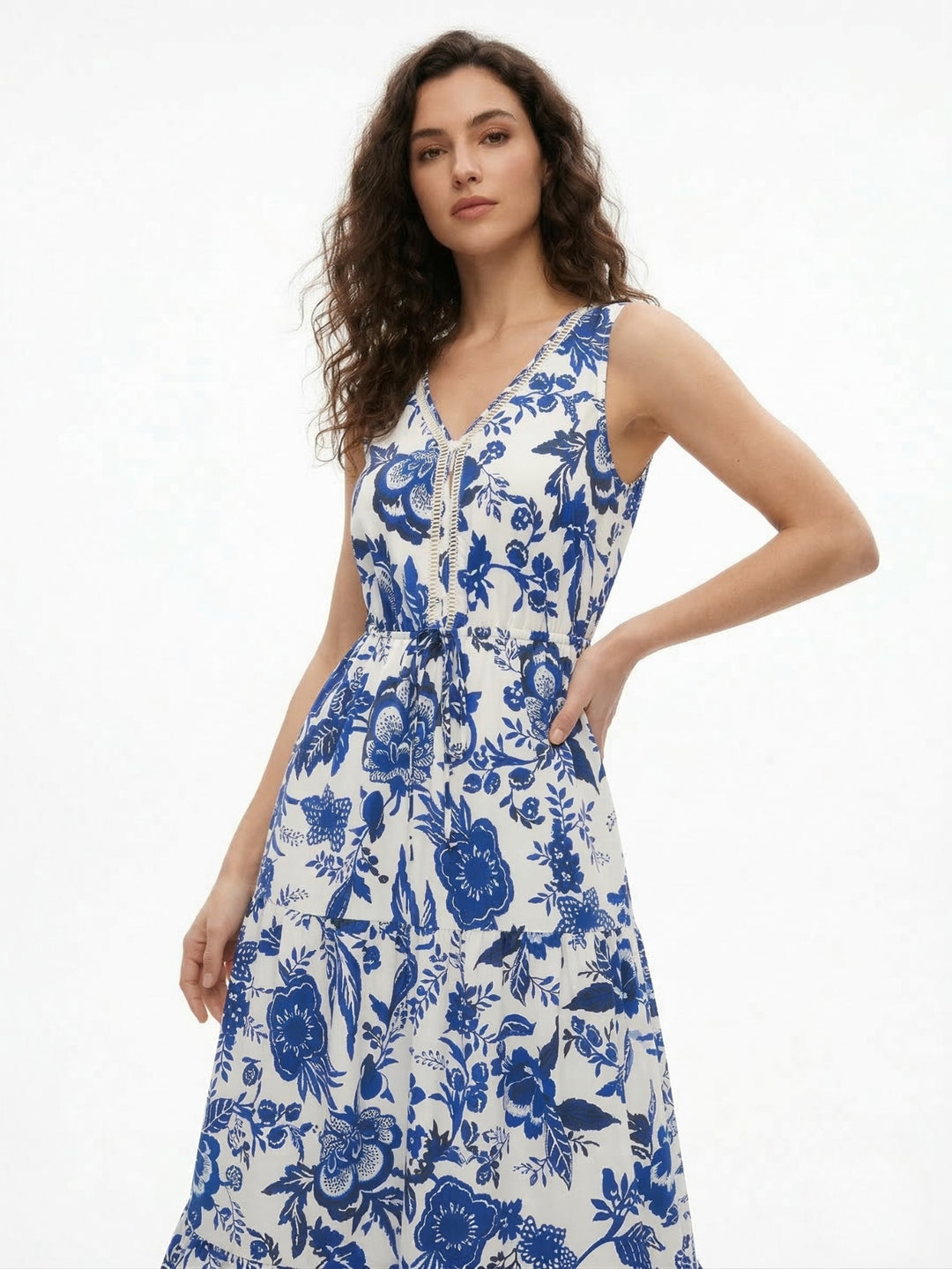 Blue V Neck Printed Dress