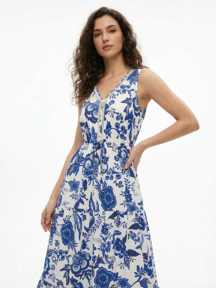 Blue V Neck Printed Dress