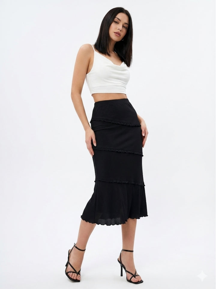 Black Fish-Tail Fit Skirt With Tiers