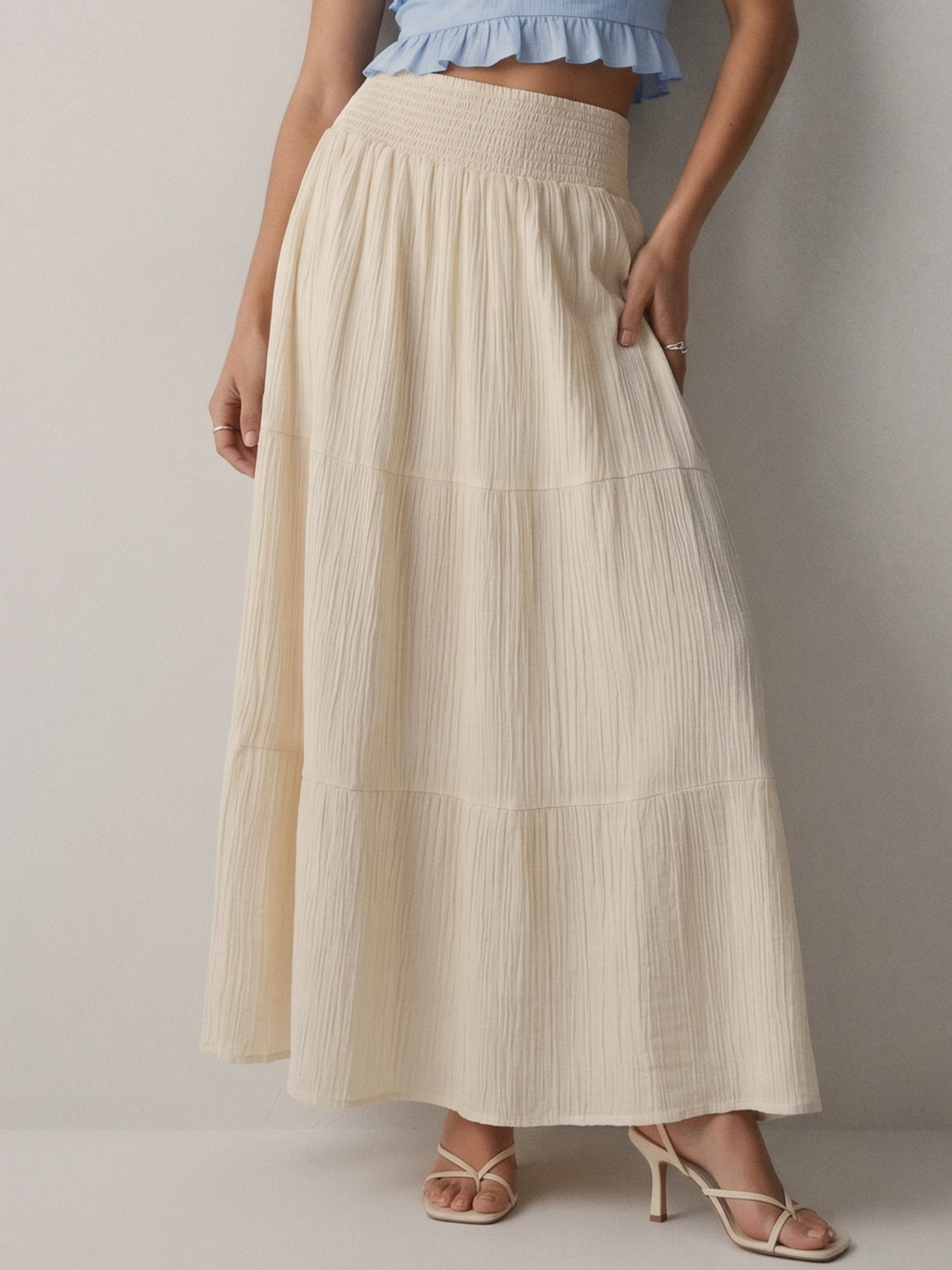 Cream High Waist Tiered Skirt