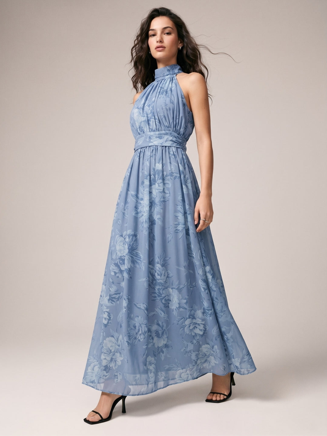 Blue Halter Neck Printed Dress With Cinched Waist