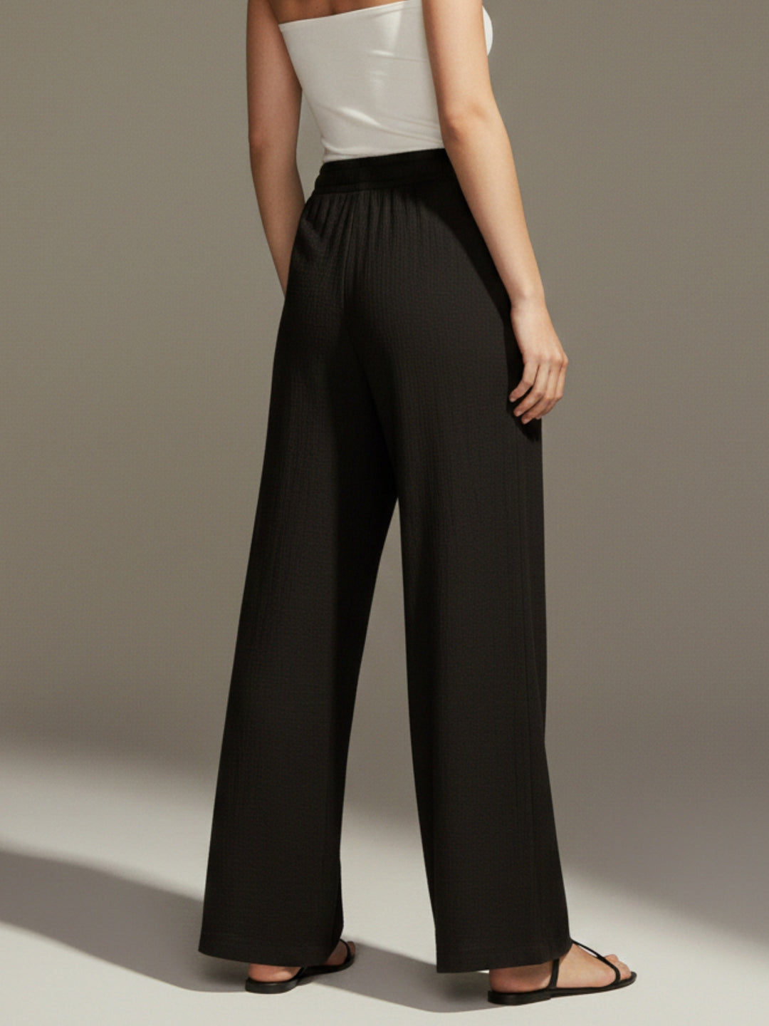 Black High Waist Drawstring Attached Pleated Pant