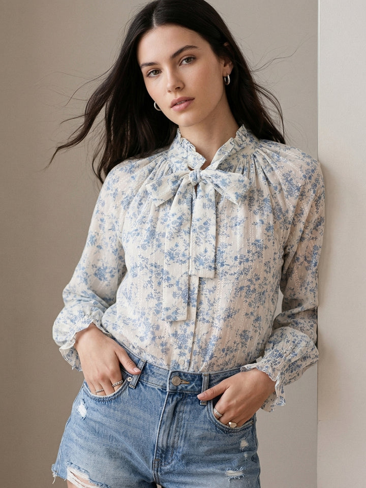 Blue Printed High Neck Top With Tie Up Detail