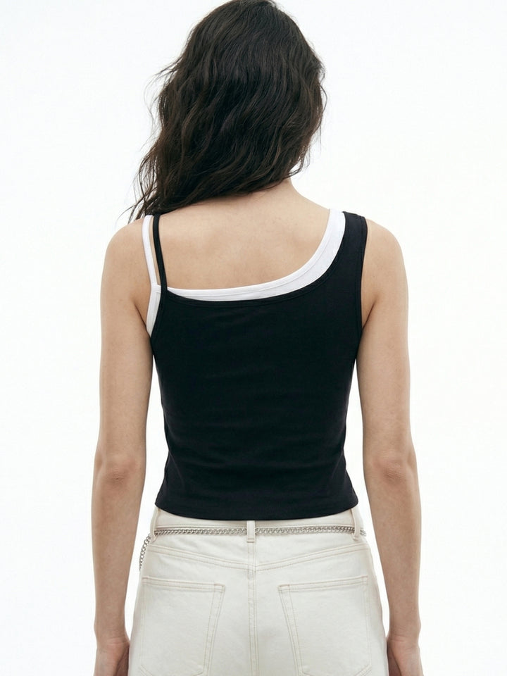 Black Contrast Twofer Strappy Tank With Strings Detail