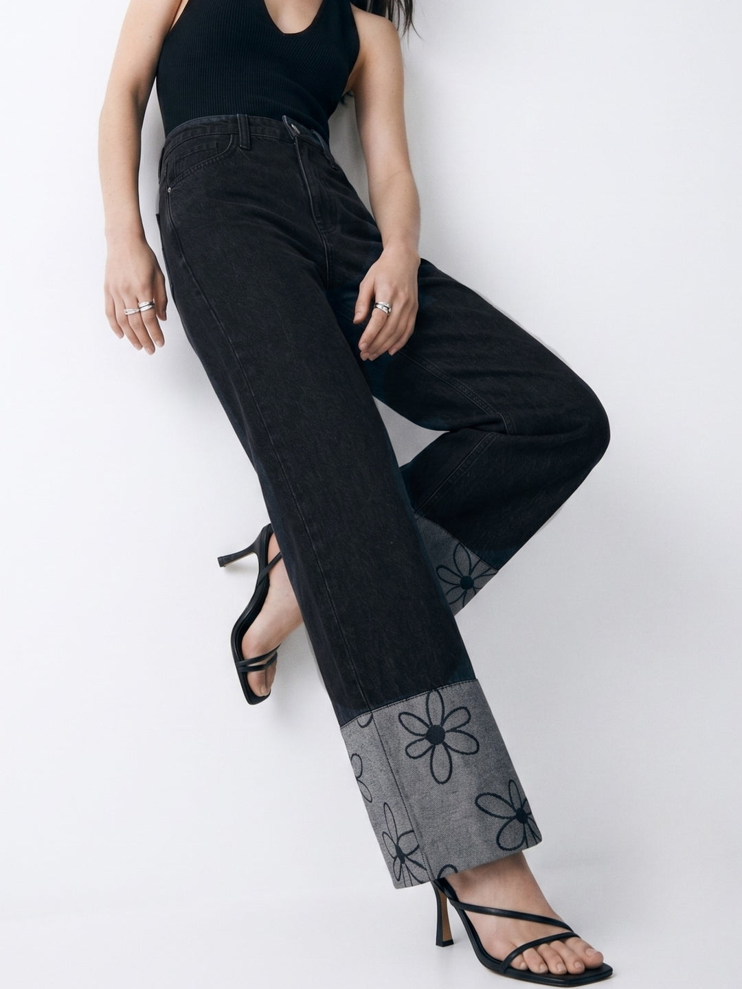 Black Dark Wash Printed Cuff Straight Fit Jeans