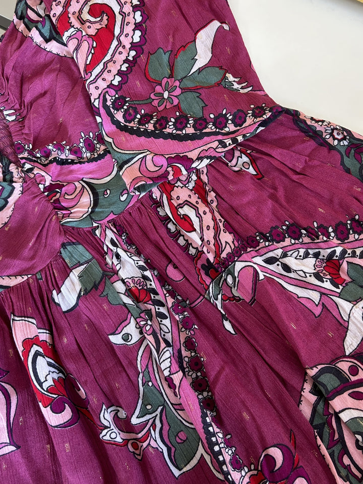Purple Printed Lurex Mini Dress with Neck Tie