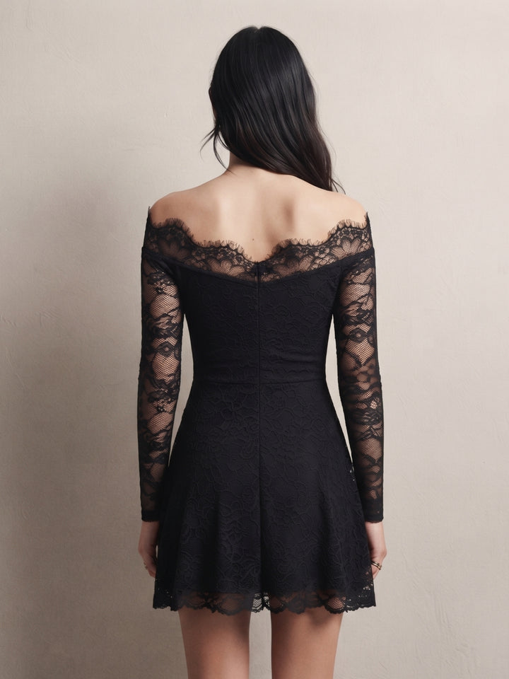 Black Off-Shoulder Lace Skater Dress