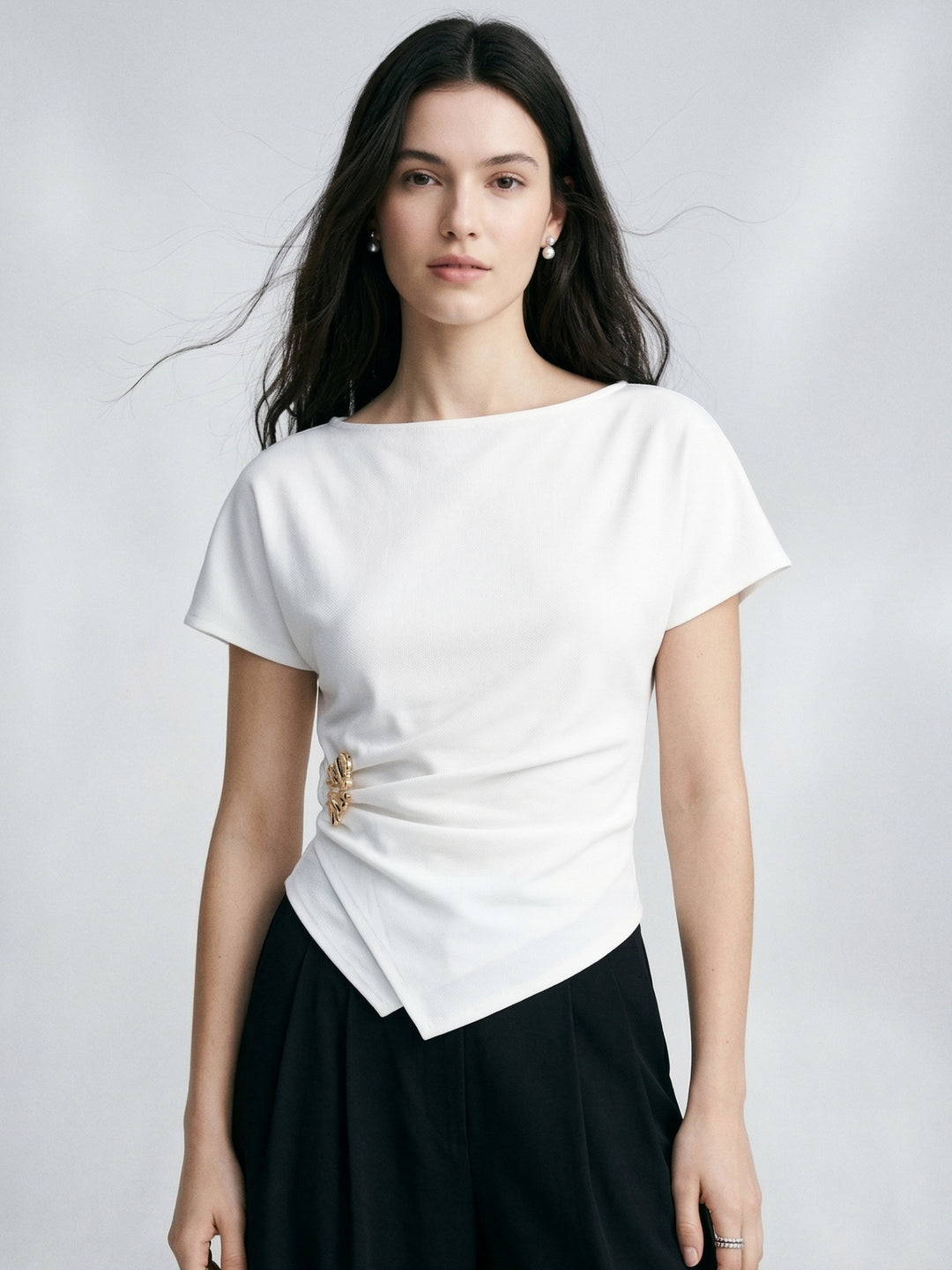 White Boat Neck Side Ruched Top With Metal Trim