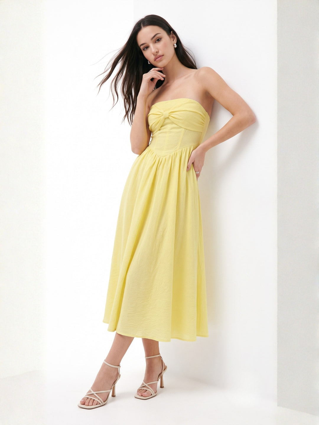 Yellow Corset Styled Dress With Top Bow Detail