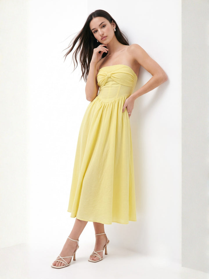 Yellow Corset Styled Dress With Top Bow Detail