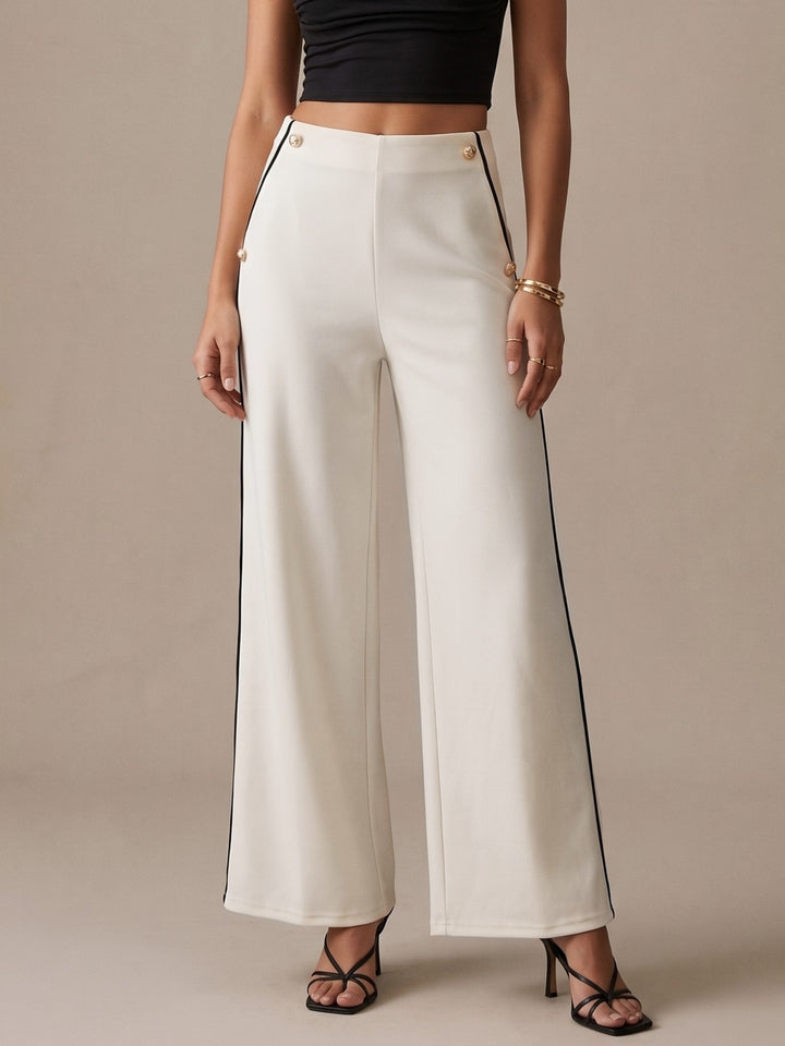 White Contrast Trim Wide Leg Trousers